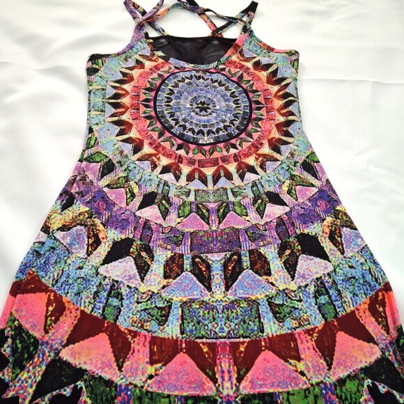 Beachy Mesh Mandala Print Bohemian Long Maxi Beach Boho Dress Semi-sheer Sz M - Picture 16 of 16